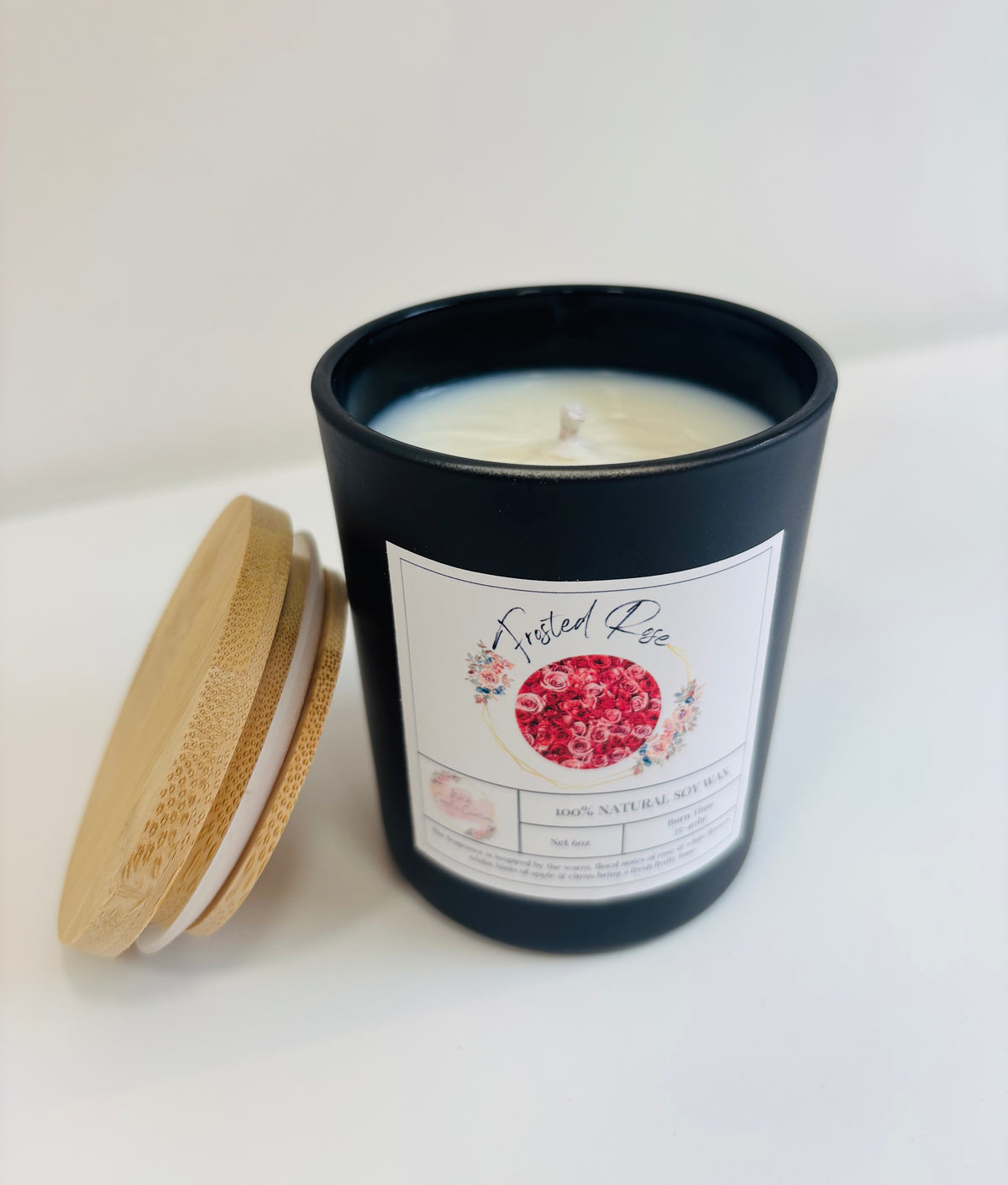 Frosted Rose Soy Candle | Black Jar with Bamboo Lid | Hand-Poured 6oz